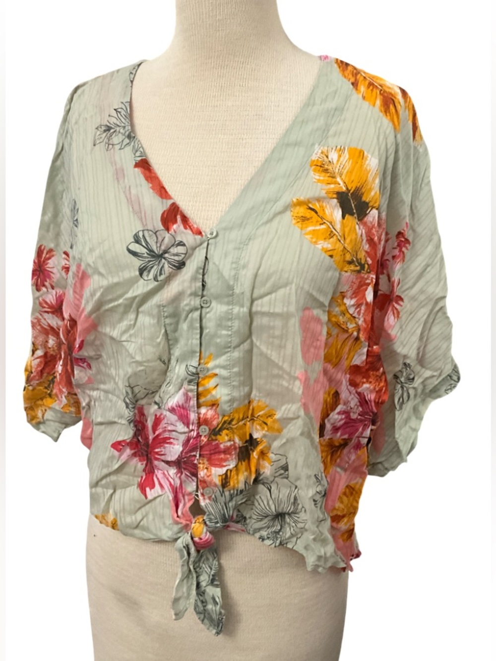 Express Floral Button Front Tie Hem Blouse Size M